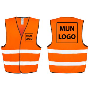 Veiligheidhesje Neon oranje voor en achterzijde samen met opdruk mijn logo